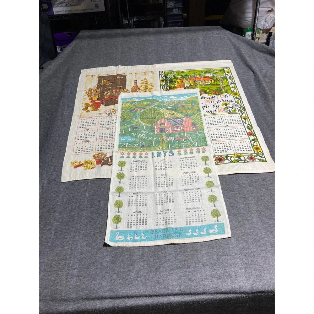 Vintage Calendar Tea Towels Lot 3 Multicolor 1967 1972 1973 Linen Farmhouse